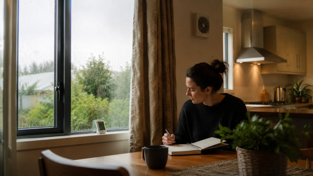 Healthy Homes NZ record keeping beside a condensation-covered window and kitchen extractor