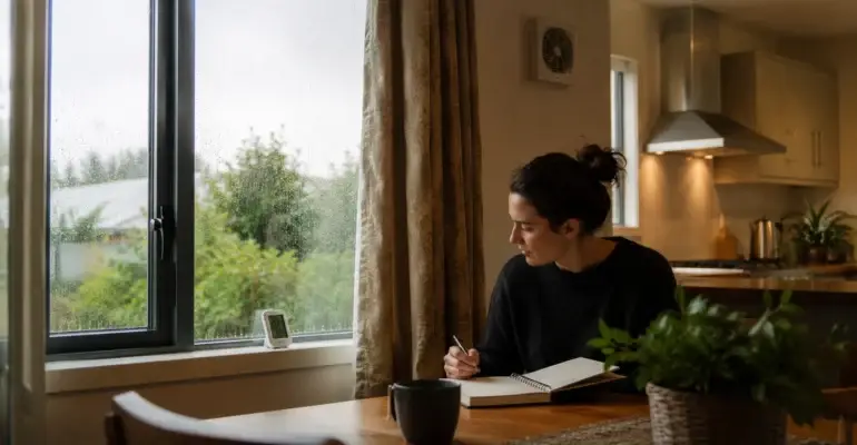 Healthy Homes NZ record keeping beside a condensation-covered window and kitchen extractor