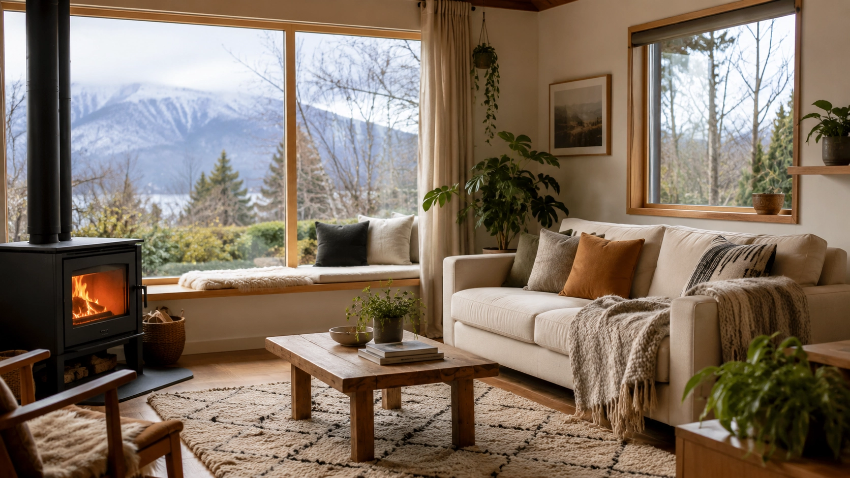 Warm NZ home interior with curtains, heat pump, hygrometer, and simple notes for checking comfort, moisture, and indoor air quality.