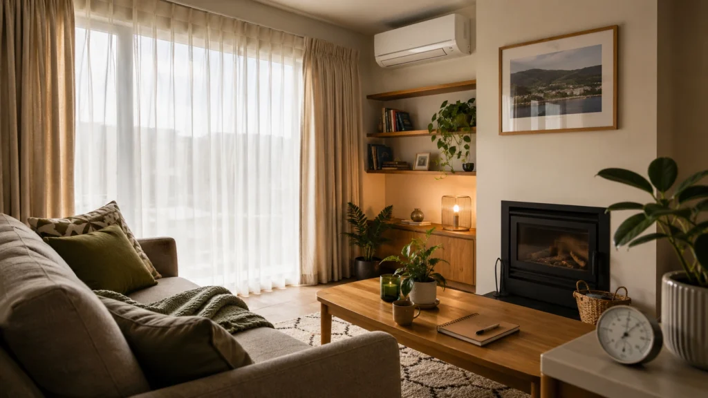 Healthy living home check in a warm NZ living room with heat pump, curtains and maintenance notes