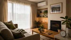 Healthy living home check in a warm NZ living room with heat pump, curtains and maintenance notes