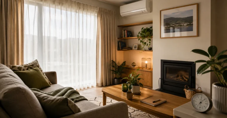 Healthy living home check in a warm NZ living room with heat pump, curtains and maintenance notes