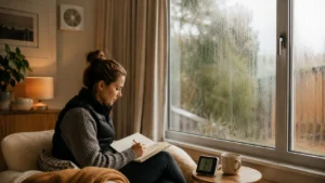 Indoor environmental quality check showing window condensation, curtains, hygrometer, and notes for thermal comfort, moisture, and ventilation first checks.
