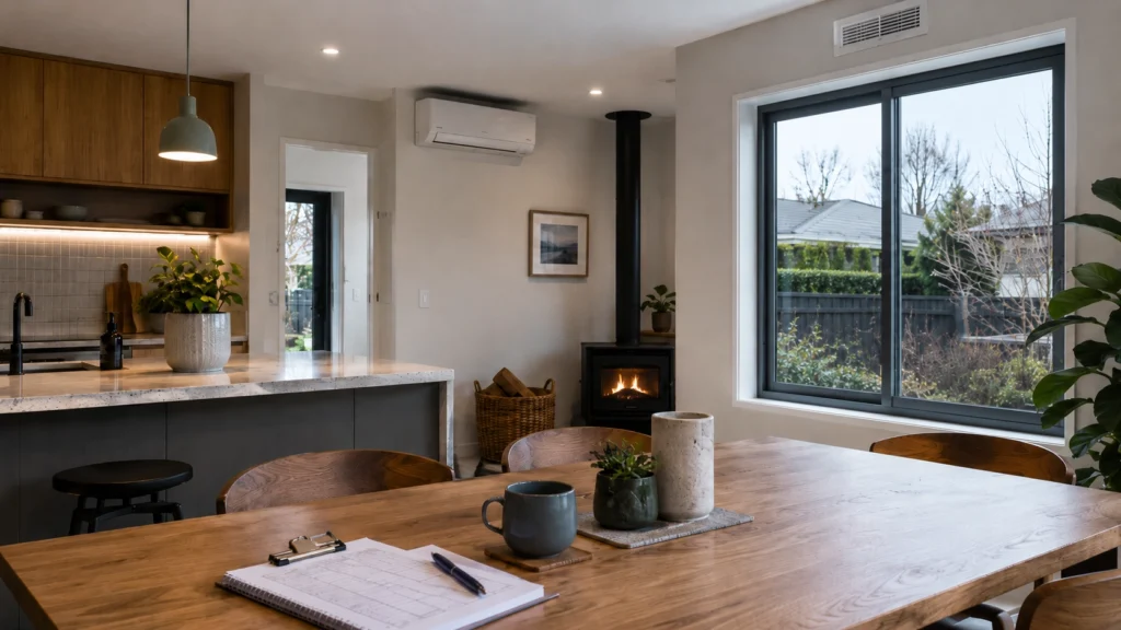 Healthy Homes standards NZ readiness check with heat pump, ventilation detail, and landlord evidence folder in rental property.